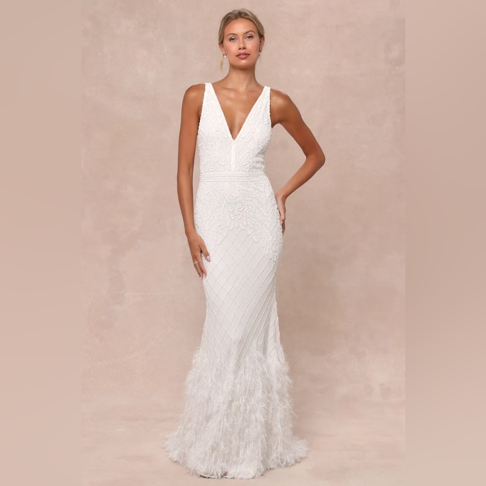Lulus Luxe Glamorous Vow White Beaded Feather Lurex Mermaid Maxi Dress